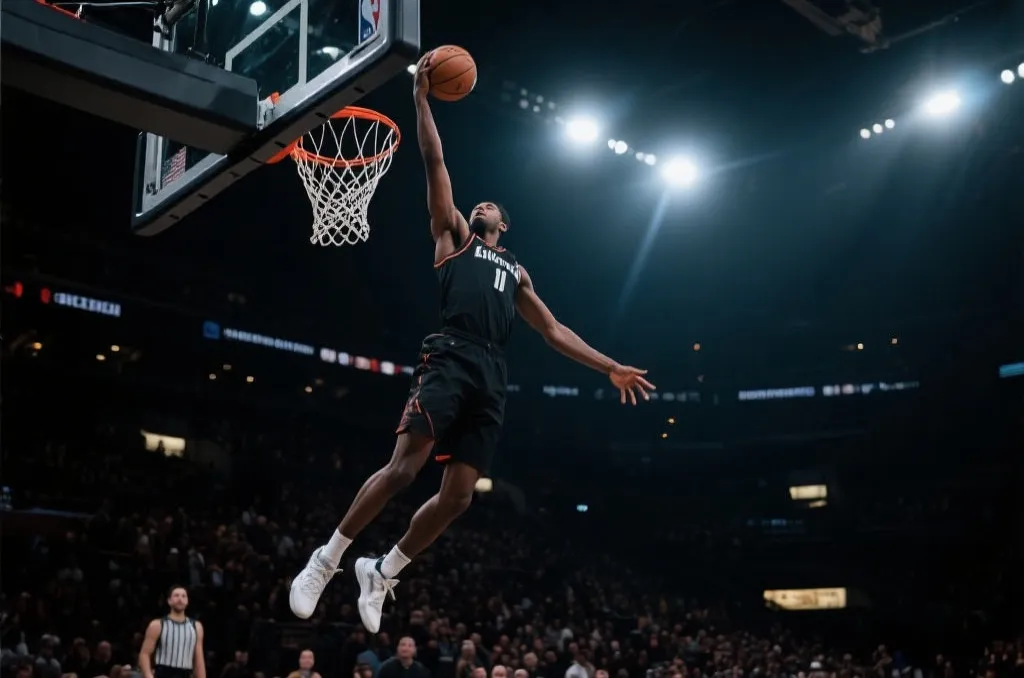 A dynamic shot of a basketball player mid-air dunking in a modern crowded arena