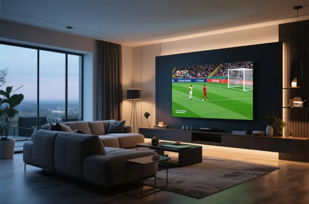 A sleek modern living room with a large smart TV displaying a vibrant soccer match